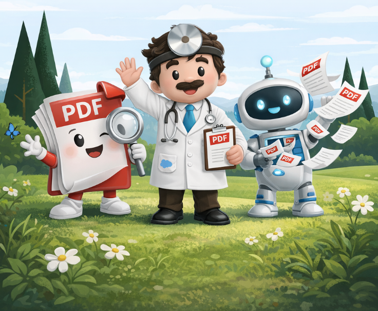 PDF Doctor characters - a PDF mascot, doctor, and robot assistant