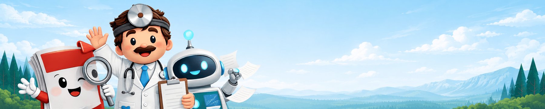 Friendly PDF document, doctor, and robot mascots welcoming you to PDF Doctor